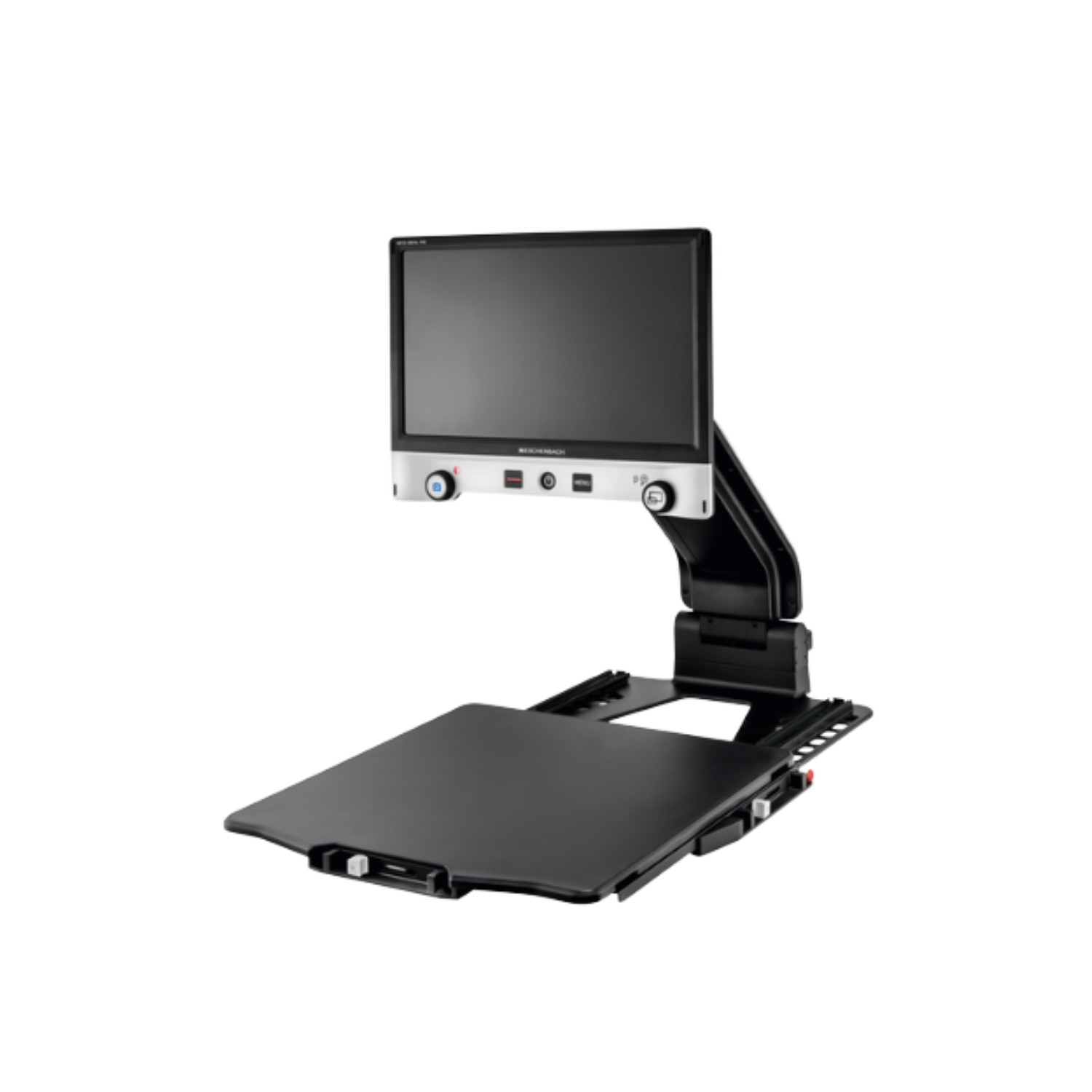 Black destop video magnifier on XY Table on a white background.