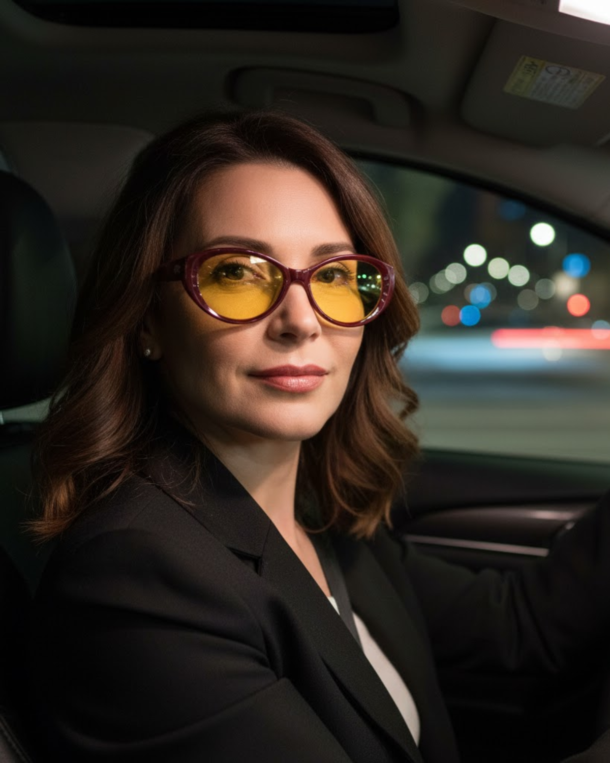 Woman in car wearing light yellow tinted night driving glasses