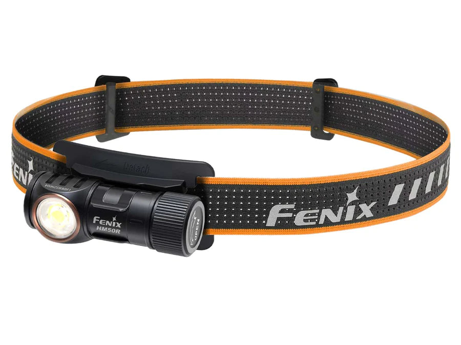 Image of the Fenix HM50R V2.0 rechargeable Headlamp with a black and orange band.