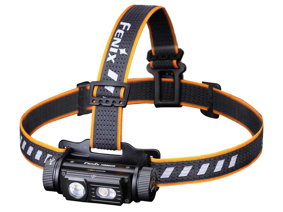 Image of the Fenix HM60R Rechargeable Headlamp with a black and orange band.