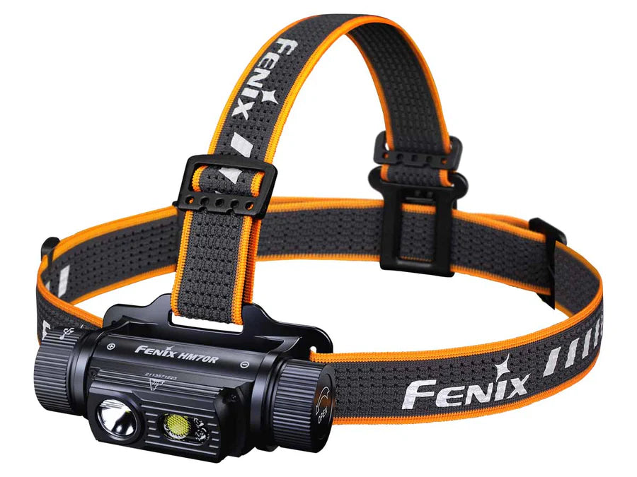 Image of the Fenix HM70R Rechargeable Headlamp with a black and orange band.