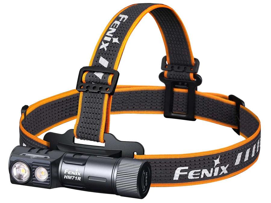 Image of the Fenix HM71R Rechargeable Headlamp with a black and orange band.