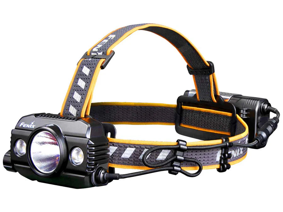 Image of the Fenix HP30R V2.0 Rechargeable Headlamp with a black and orange band.