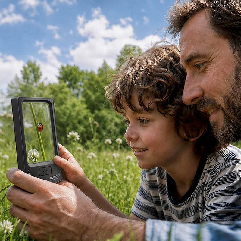 Man and boy using rectangular magnifying glass to view a lady bug.