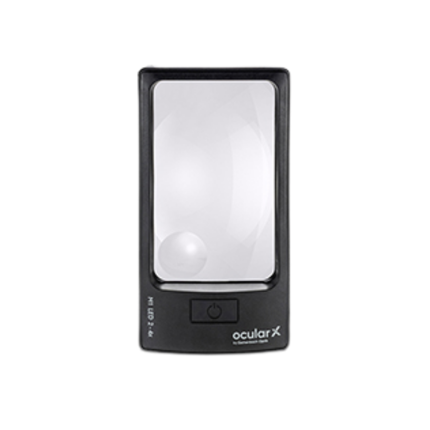 Ocular X handheld magnifier with black frame and 2x and 4x bifocal lens on a white background.

