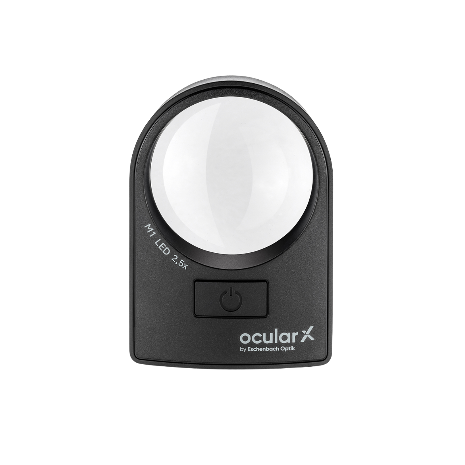 Ocular X by Eberbach Optics handheld magnifier with a 2.5x round lens and an integrated power button, shown on a solid white background.

