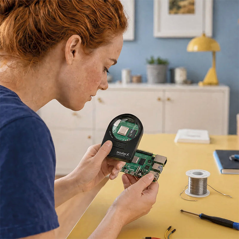 Woman holding OcularX magnifying glass to enlarge component on a circuit board.