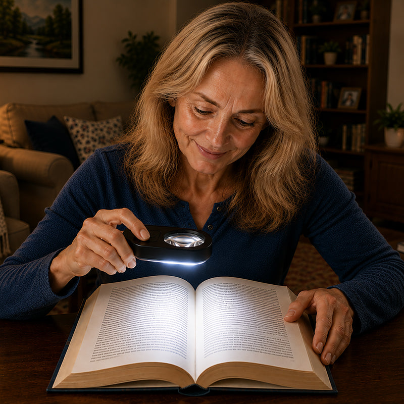 Woman in living room illuminating and magnifying a book with an LED magnifying glass.