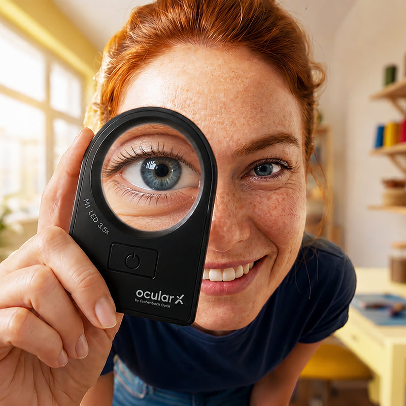 Smiling woman holding a round magnifying glass in front of right eye.