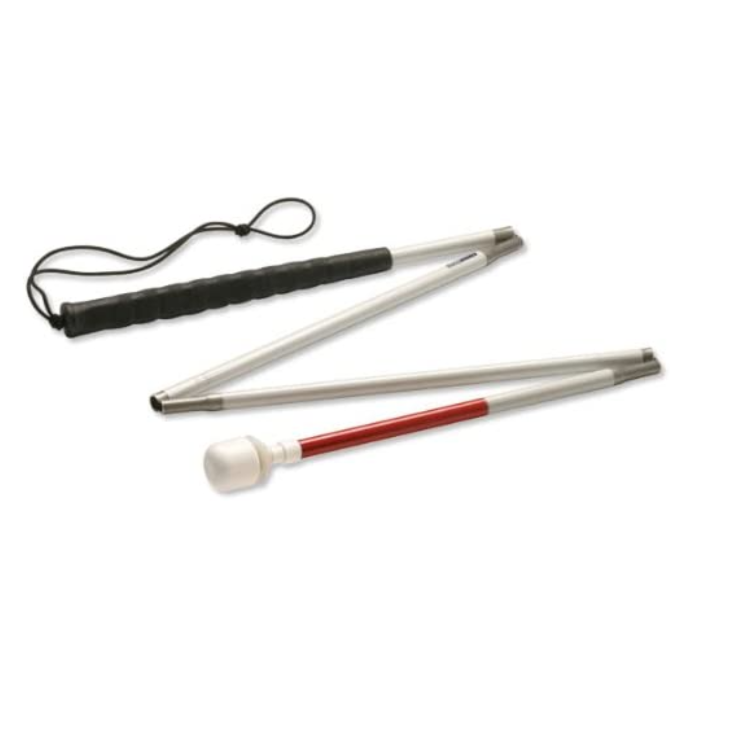 Image of a white aluminum folding mobilitry cane with a roller marshmallow tip from Ambutech.