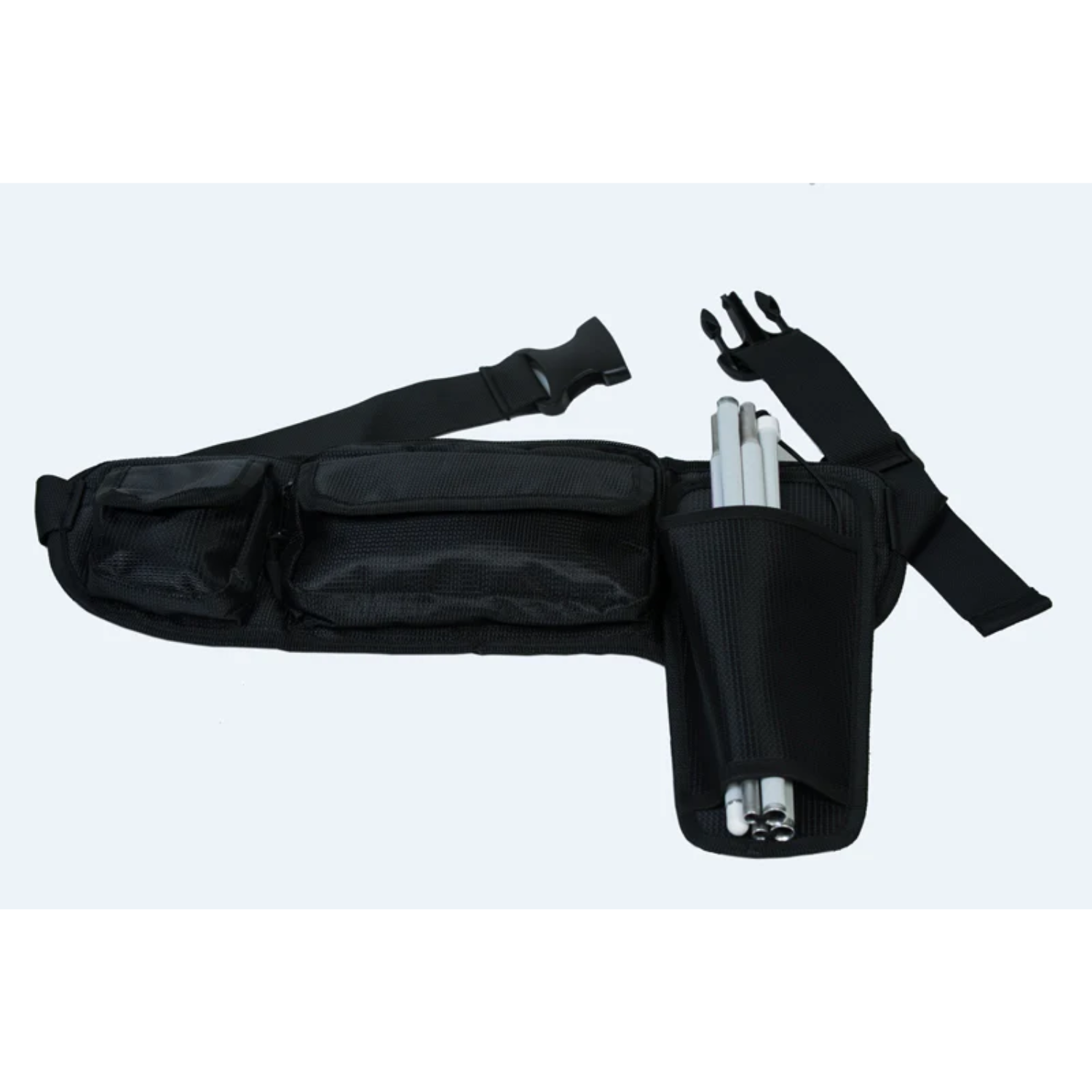 Image of a black mobility cane holster with a belt from Ambutech