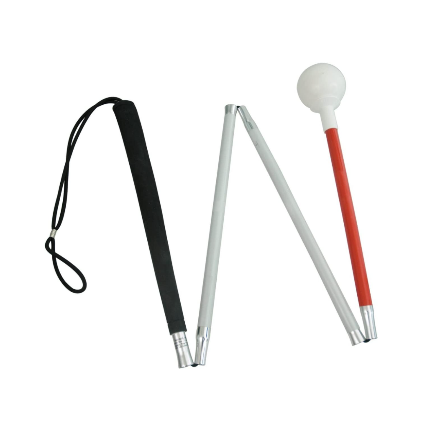 Image of a white aluminum mobility cane with roller ball tip from Ambutech.