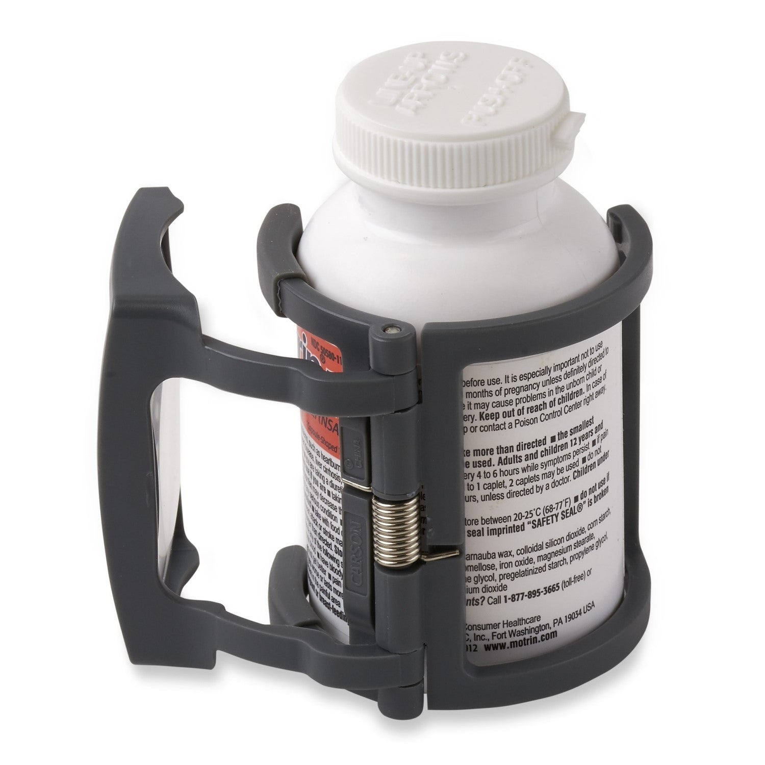 Image of the back of a medicine bottle using Carson MagRX™ 2.5x Power Clip-on Prescription Bottle Magnifier.