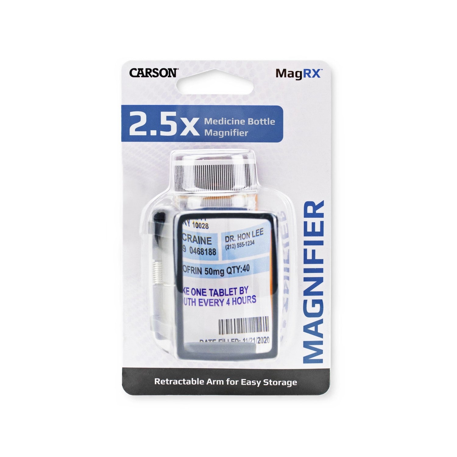 Image of the packaging that the Carson MagRX™ 2.5x Power Clip-on Prescription Bottle Magnifier  comes in.
