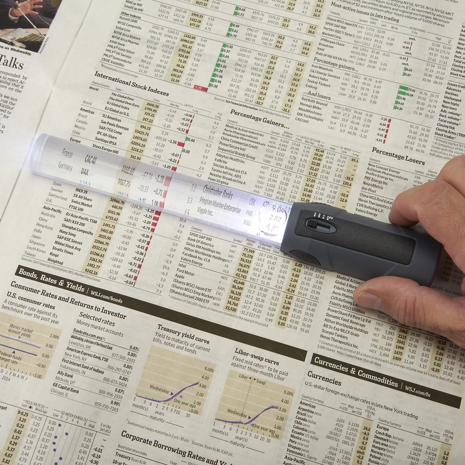 Image of Magnibar held up to a document for magnifying the image.