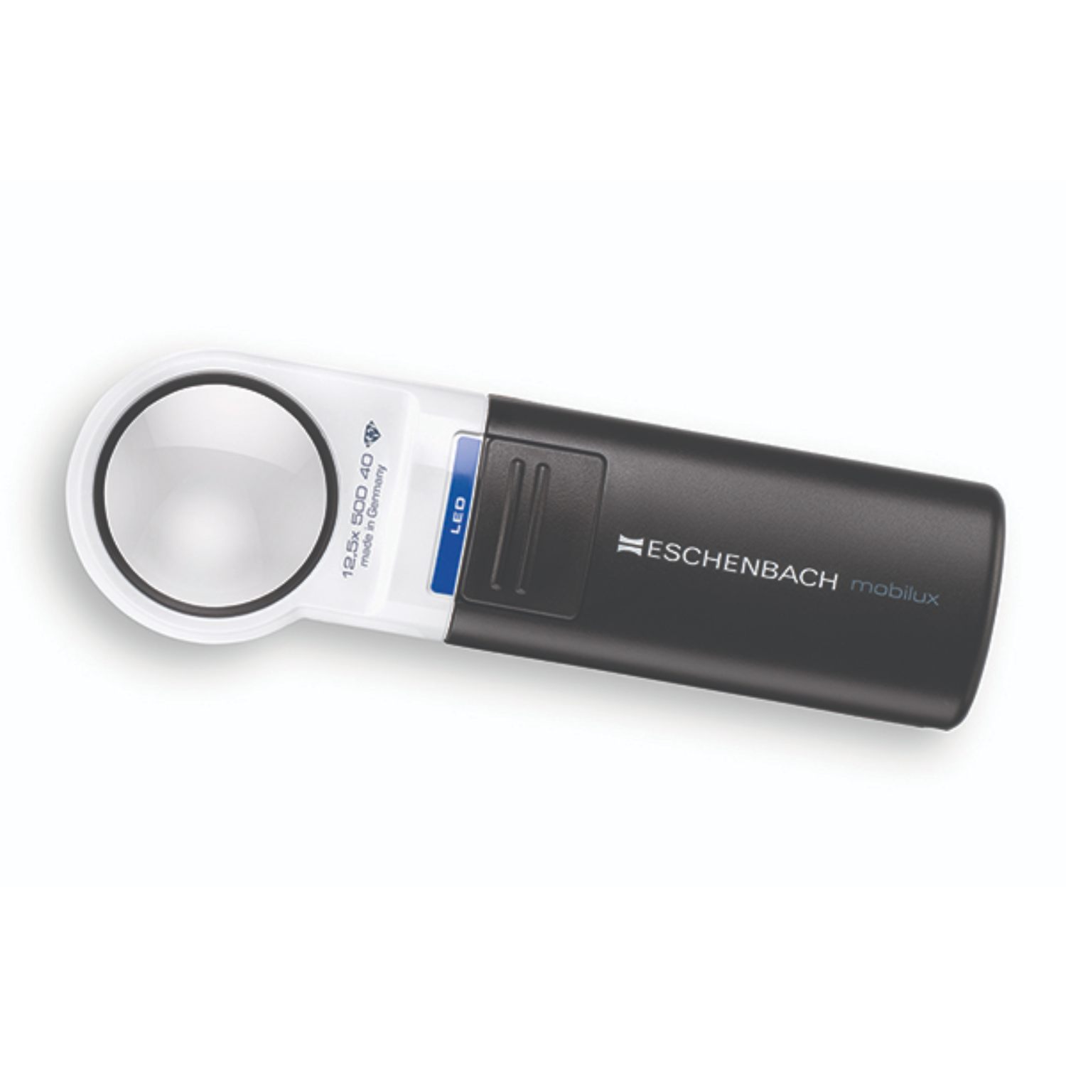 Image of the round 12x Mobilux® LED handheld magnifier from Eschenbach .