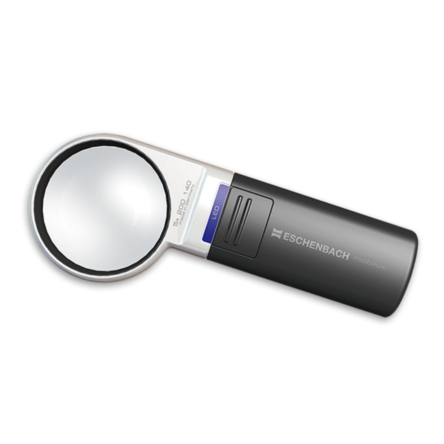 Image of the round 5x Mobilux® LED handheld magnifier from Eschenbach .