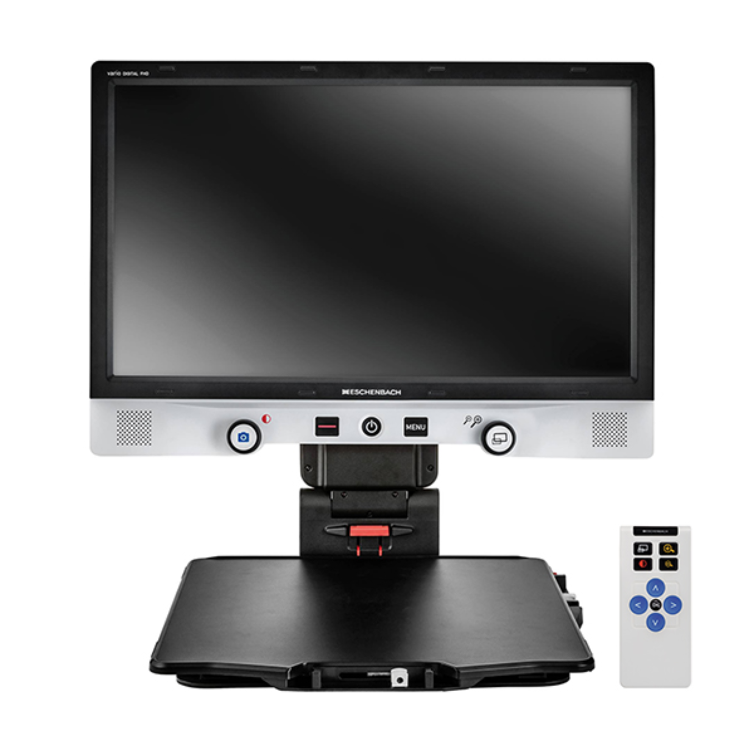 Image of  a Vario Digital 22 FHD Advanced desktop CCTV video magnifier from Eschenbach Optik with the optional XY table and external battery.
